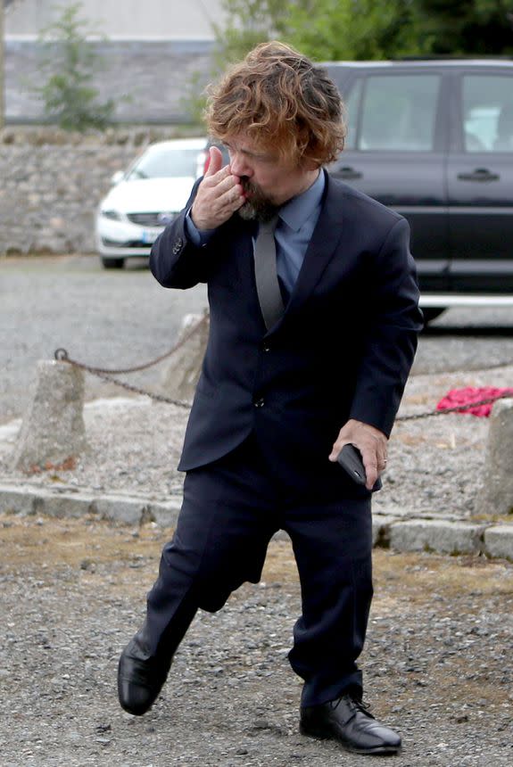 Actor Peter Dinklage arrives at Rayne Church, Kirkton of Rayne in Aberdeenshire, for the wedding ceremony of his Game Of Thrones co-stars Kit Harington and Rose Leslie. (Photo by Jane Barlow/PA Images via Getty Images)