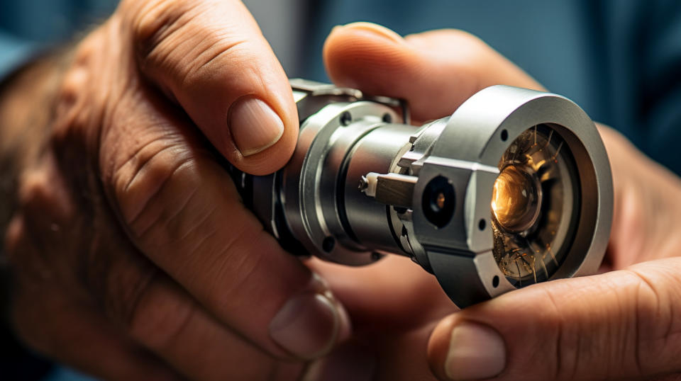 A close up detail of a cataract surgery instrument in the hand of a cataract doctor.