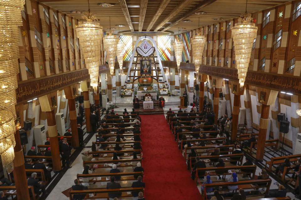 Pope Francis delivers his speech during a meeting with bishops and priests, at the Sayidat al-Nejat (Our Lady of Salvation) Cathedral, in Baghdad, Iraq, Friday, March 5, 2021. Pope Francis has arrived in Iraq to urge the country's dwindling number of Christians to stay put and help rebuild the country after years of war and persecution, brushing aside the coronavirus pandemic and security concerns. (AP Photo/Andrew Medichini)