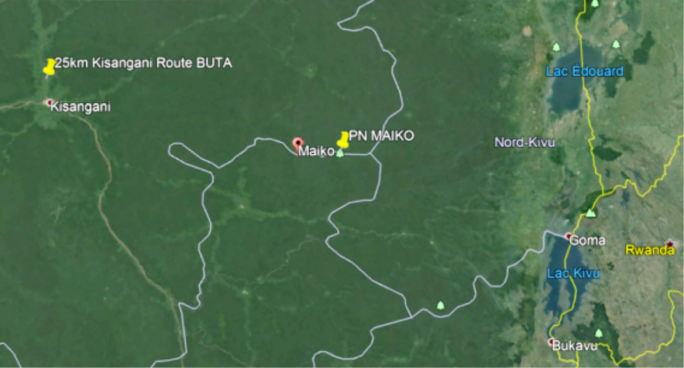 A map showing of the Congo showing the distance between  the Chimporilla discovery site and Maiko the closest known gorilla population.