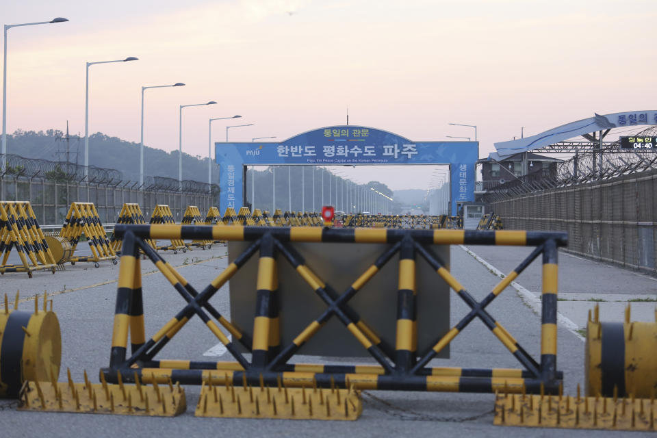 Barricades are placed near the Unification Bridge which leads to the border village of Panmunjom in the Demilitarized Zone in Paju, South Korea. Tuesday, June 16, 2020. North Korea blew up an inter-Korean liaison office building just inside its border in an act Tuesday that sharply raises tensions on the Korean Peninsula amid deadlocked nuclear diplomacy with the United States. (AP Photo/Ahn Young-joon)