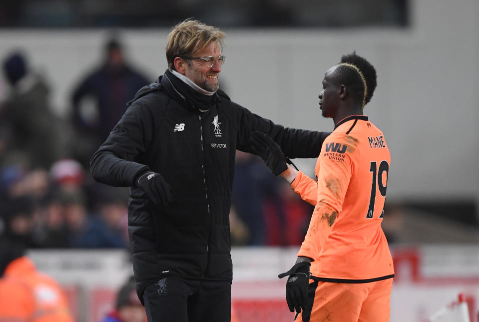 Sadio Mane during the Premier League match between Stoke City and Liverpool at Bet365 Stadium on November 29, 2017 in Stoke on Trent, England.