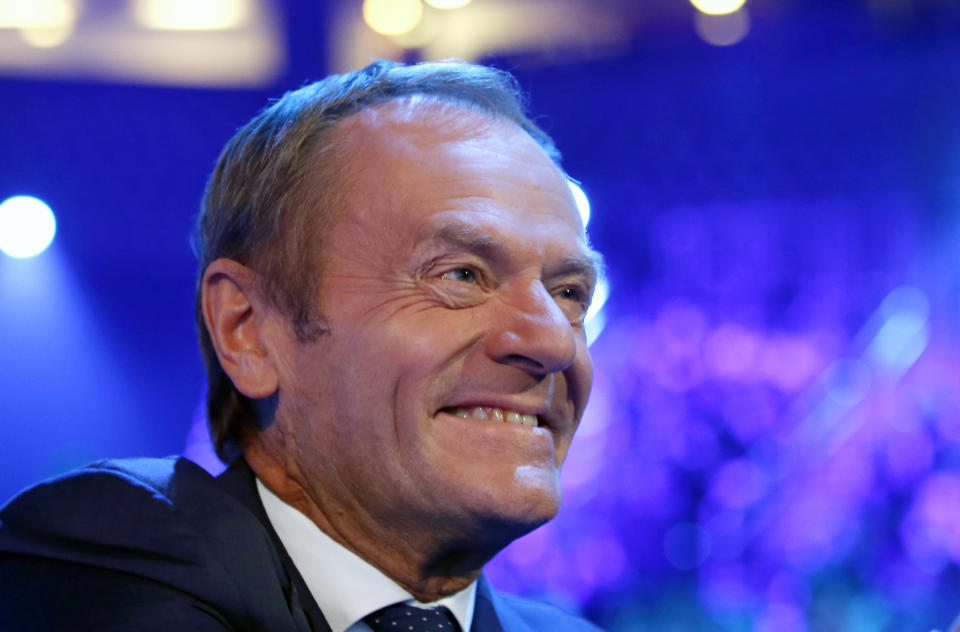 President of the European Council Donald Tusk smiles during the European Peoples Party (EPP) congress in Zagreb, Croatia, Wednesday, Nov. 20, 2019. Tusk was in Zagreb, the Croatian capital, for a meeting of the European People's Party, the main center-right bloc in the European Parliament.(AP Photo/Darko Vojinovic)