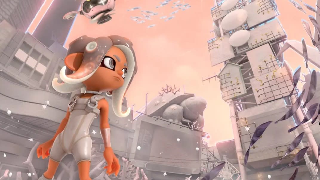  Key art of Agent 8 outside the Spire of Order in Splatoon 3: Side Order. 