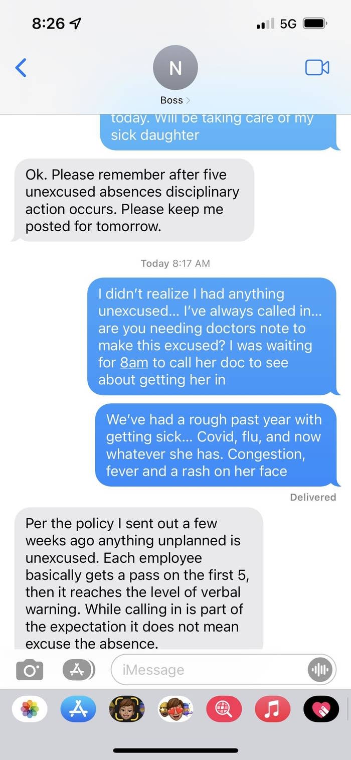 Text message screenshot of boss saying that taking a sick child to the doctor is an unexcused absence, and more than five results in "disciplinary action"