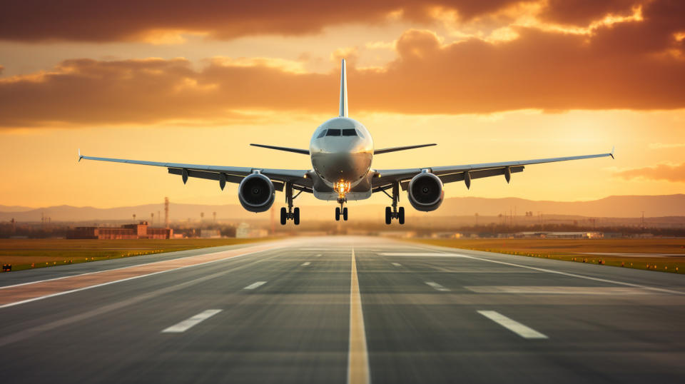 A commercial jetliner taking off, highlighting the advanced airframe and engine parts produced by the company.