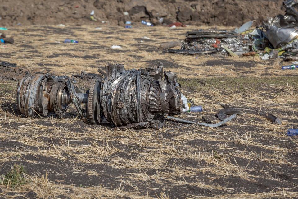 Airplane parts at the scene of an Ethiopian Airlines flight crash near Bishoftu, south of Addis Adaba, Ethiopia, on March 11, 2019.