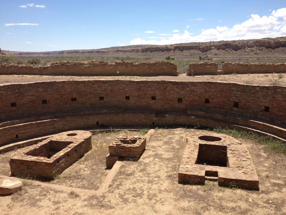 This August 2012 photo shows the Great Kiva and Casa Rinconada, Chaco Canyon, in northwestern New Mexico. Chaco Canyon, the center of a culture that flourished from the 800s to the 1100s, is run by the National Park Service and is accessible only via dirt road. (AP Photo/Margaret Matthews)