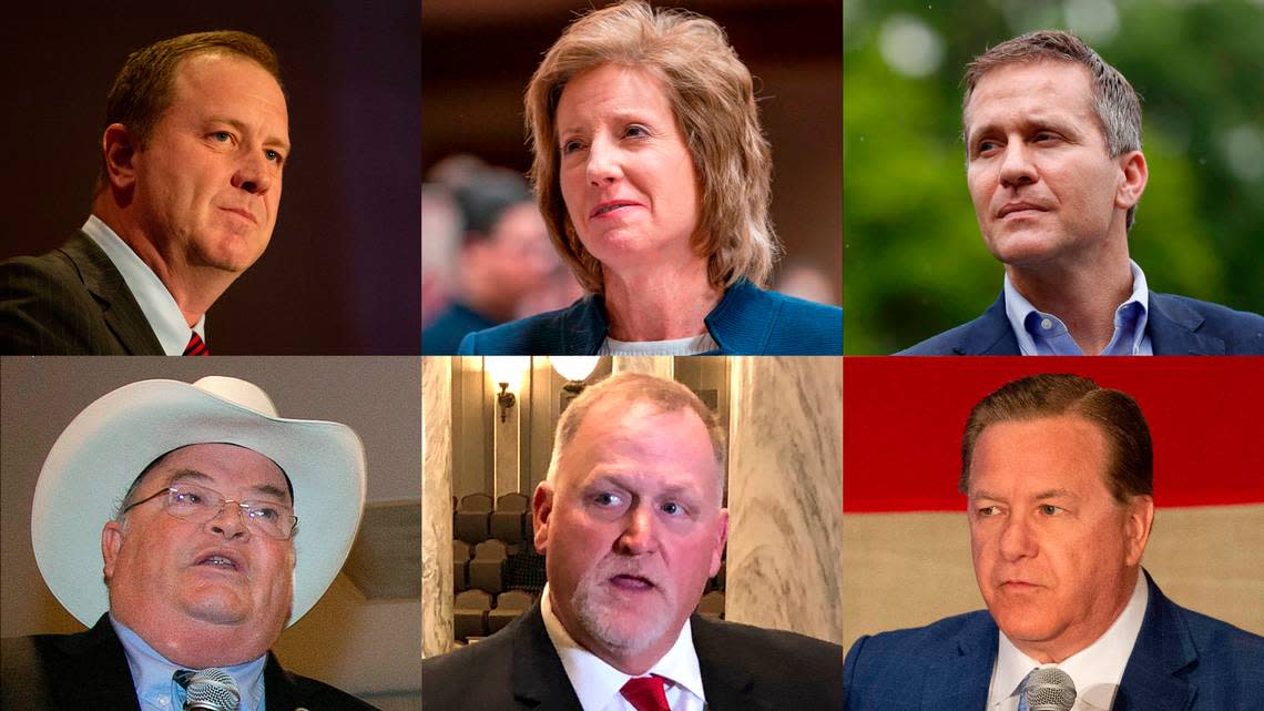 Republican candidates running for the seat that will open when Missouri Sen.Roy Blunt retires from the U.S. Senate at the end of his current term are from top left; Eric Schmitt, Vicky Hartzler, Eric Greitens. Second row from left, Billy Long, Dave Schatz, Mark McCloskey.