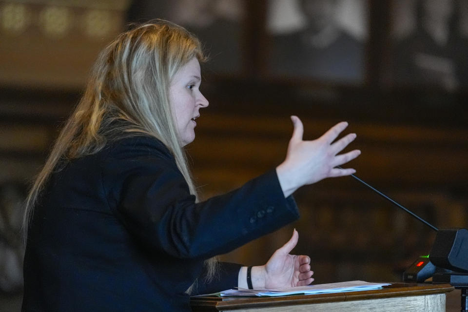 Michelle Harter speaks during oral arguments before the Indiana Supreme Court at the Statehouse in Indianapolis, Monday, Feb. 12, 2024. GOP Senate candidate, John Rust, who is suing to appear on the primary ballot. A trial judge ruled in December that a state law that stipulates candidates must vote in two primary elections with their party is unconstitutional. The state appealed the ruling. (AP Photo/Michael Conroy, Pool)