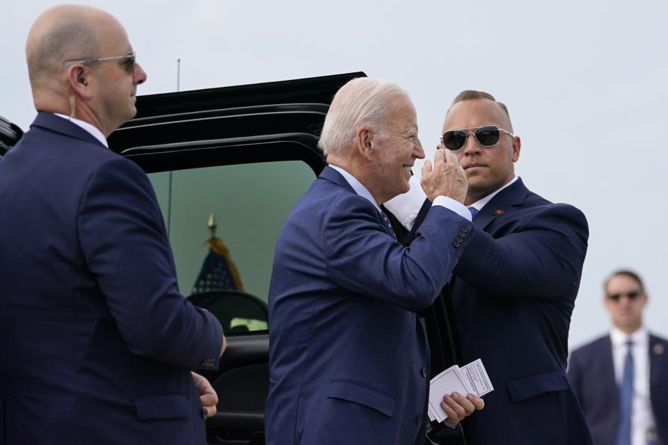 President Joe Biden returns a salute as he arrives to board Air Force One for a trip to attend the G20 summit in New Delhi, Thursday, Sept. 7, 2023, in Andrews Air Force Base, Md. (AP Photo/Evan Vucci)