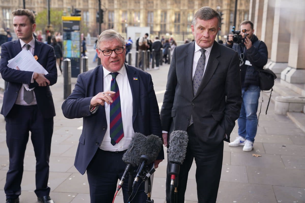 European Research Group (ERG) chairman Mark Francois (left), and deputy chairman David Jones, speak to the media outside Portcullis House (PA) (PA Wire)