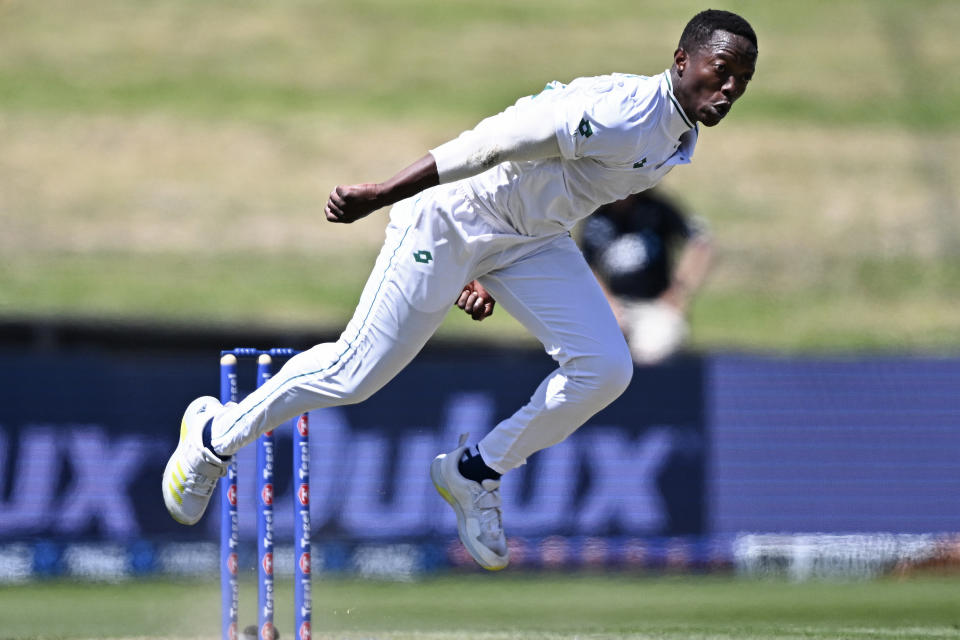 South Africa's Tshepo Moreki bowls to New Zealand on the second day of their cricket test in Hamilton, New Zealand. Wednesday, Feb. 14, 2024. (Andrew Cornaga/Photosport via AP)