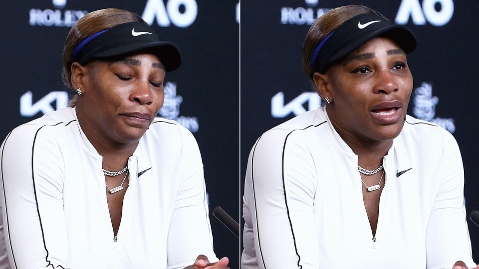 Seen here, Serena Williams was reduced to tears in her press conference on Thursday.