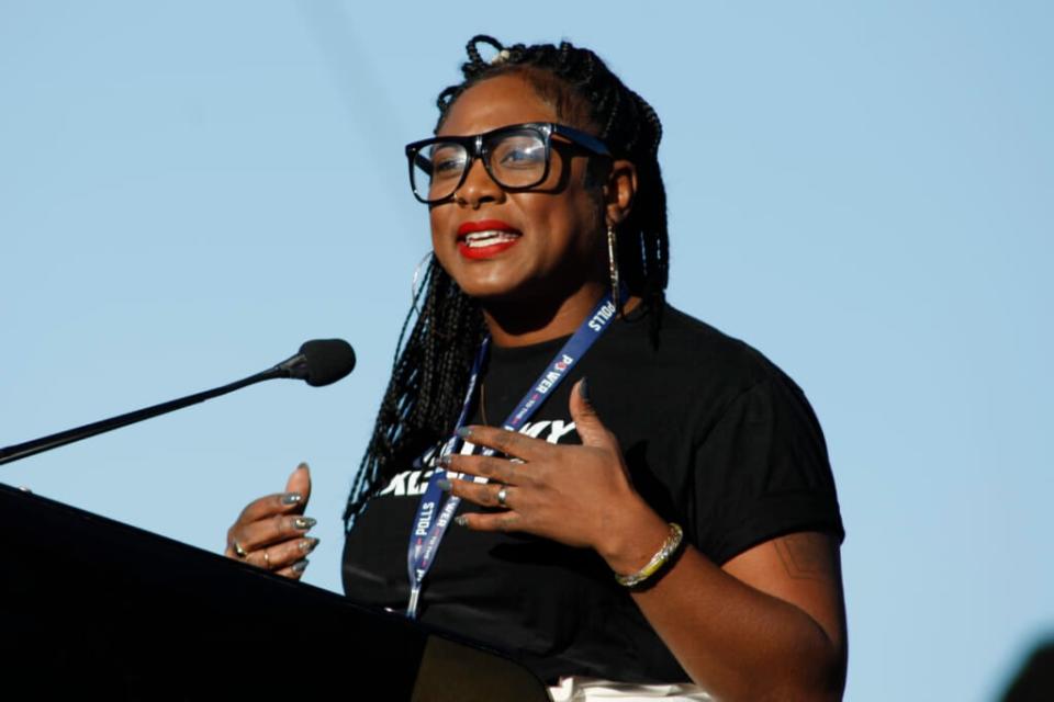 Black Lives Matter Co-Founder Alicia Garza speaks during the Women’s March “Power to the Polls” voter registration tour launch at Sam Boyd Stadium on January 21, 2018, in Las Vegas, Nevada. Demonstrators across the nation gathered over the weekend, one year after the historic Women’s March on Washington, D.C., to protest President Donald Trump’s administration and to raise awareness for women’s issues. (Photo by Sam Morris/Getty Images)