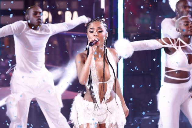 Tyla performs on New Year's Eve in Times Square on December 31, 2023, in New York City.  - Credit: (John Lamparski/AFP via Getty Images