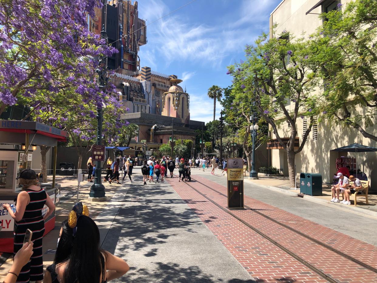 A view down a walkway at Disneyland during Covid-19