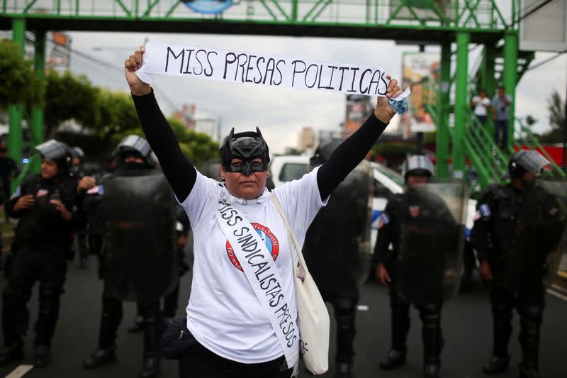 Protest to demand the release of people detained during the state of emergency decreed by the government to curb gang violence, ahead of the Miss Universe gala to be held in San Salvador