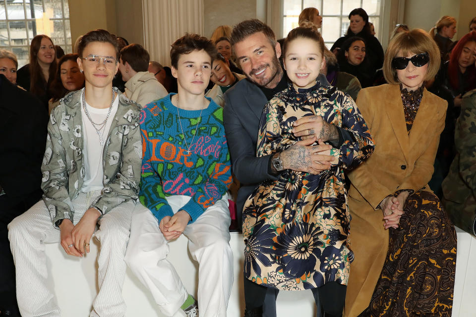 Romeo Beckham, Cruz Beckham, David Beckham, Harper Beckham and Anna Wintour attend the Victoria Beckham show during London Fashion Week February 2020 on February 16, 2020 in London, England. (Photo by Darren Gerrish/WireImage)