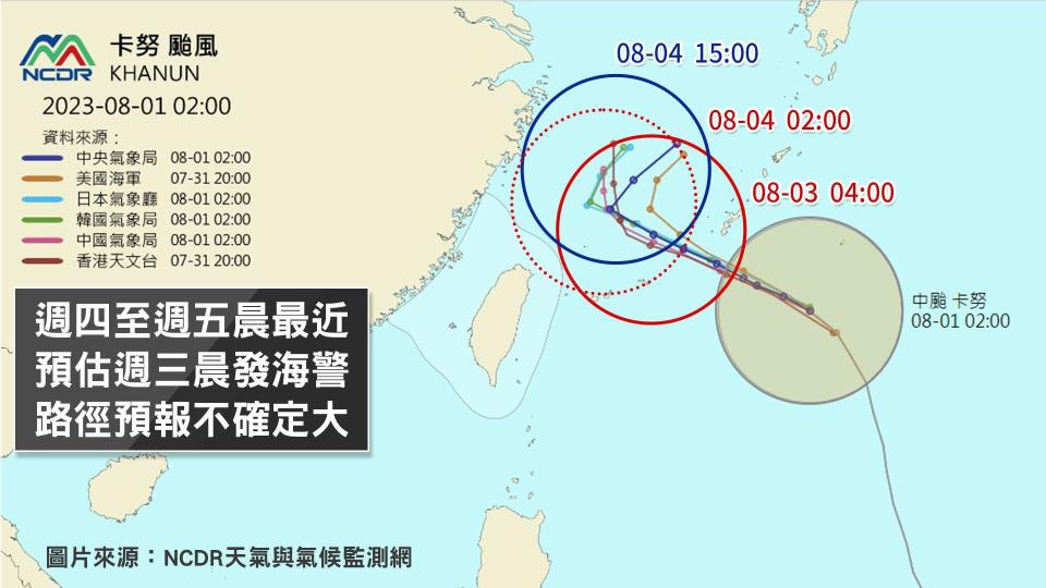 卡努颱風的暴風圈有機會在週四週五觸碰海警警戒線。（圖／TVBS）