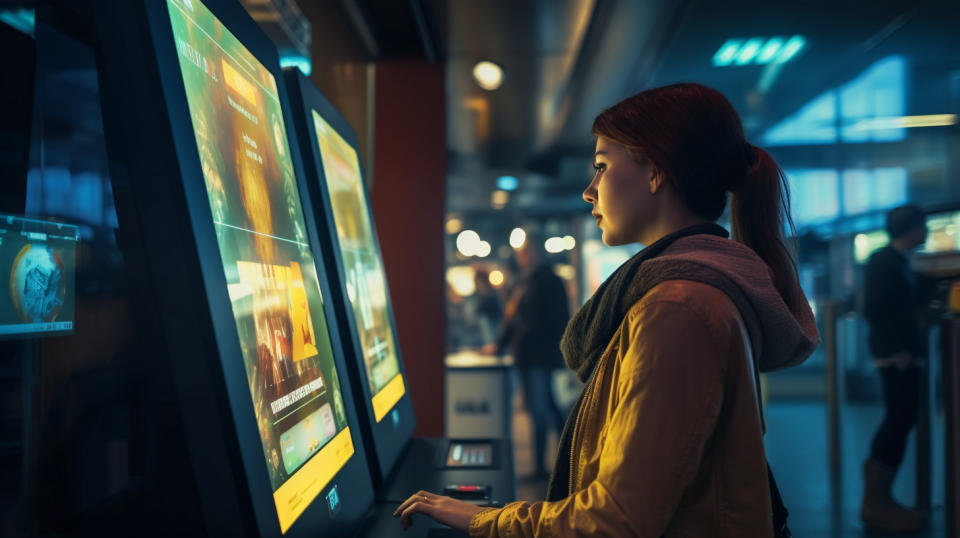 A woman at a self-service kiosk using a software service to manage logistics.