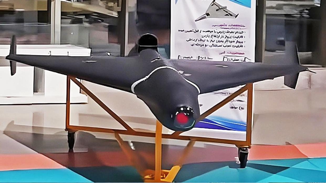 Iranian Shahed-238 drone at the Islamic Revolutionary Guard Corps (IRGC) aerospace achievement exhibition at Ashura Aerospace Science and Technology University, in Tehran, Iran on November 19, 2023.