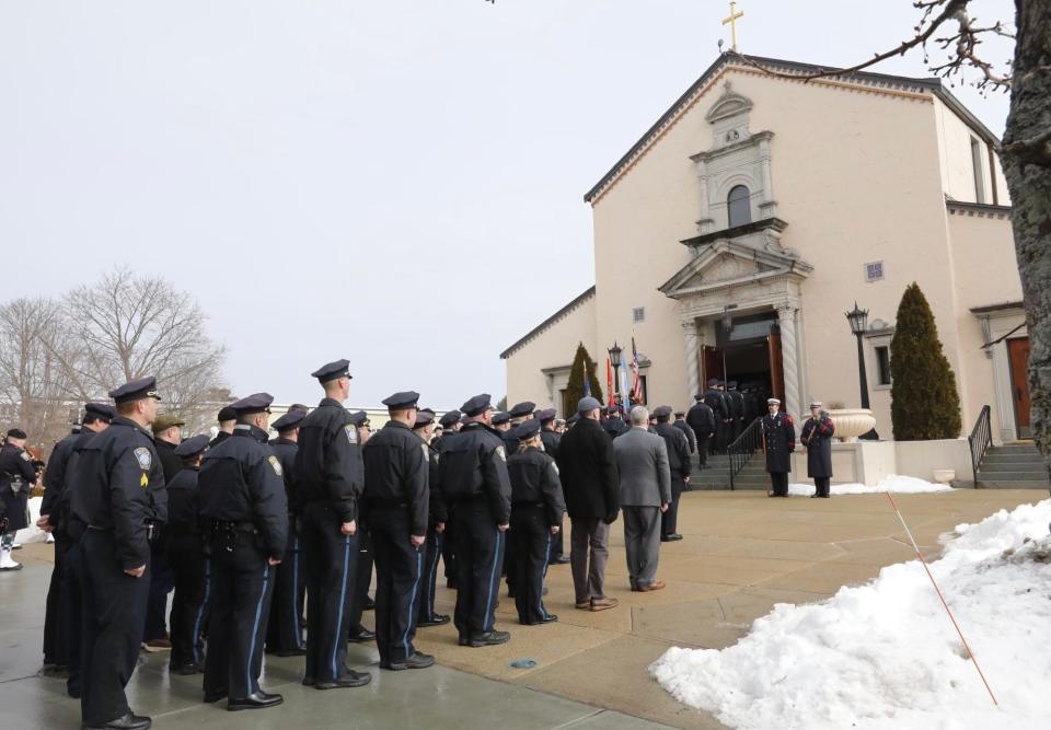 Boston Police Officer John O'Keefe, a Braintree native, was found dead outside of a Canton home in the middle of a nor'easter on Jan. 29, 2022. He was laid to rest at the St. Francis of Assisi Church in Braintree Monday, Feb. 7, 2022.
