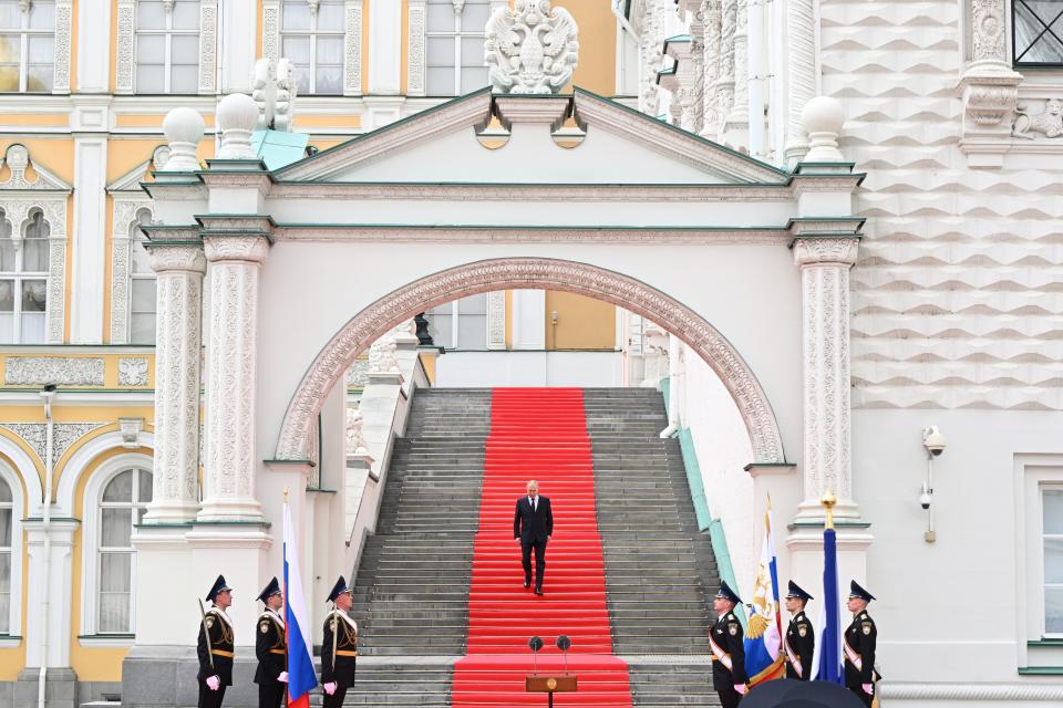 Russian President Vladimir Putin arrives to deliver a speech to the units of the Russian Defense Ministry, the Russian National Guard (Rosgvardiya), the Russian Interior Ministry, the Russian Federal Security Service and the Russian Federal Guard Service, who ensured order and legality during the mutiny, at the Kremlin in Moscow, Russia, Tuesday, June 27, 2023. (Sergei Guneyev, Sputnik, Kremlin Pool Photo via AP)