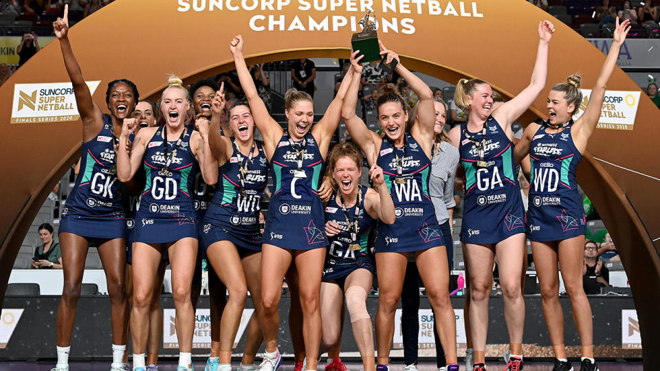 The Vixens celebrate victory after the 2020 Super Netball Grand Final match against the West Coast Fever at Nissan Arena on October 18, 2020 in Brisbane, Australia. (Photo by Bradley Kanaris/Getty Images)