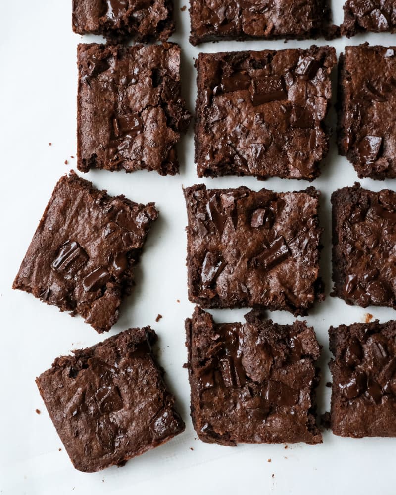 Chuckwagon brownies cut on surface.