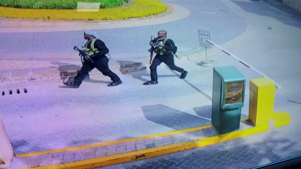 Two of the gunmen are pictured as they made their way into a hotel and office complex in Nairobi, Kenya, Jan. 15, 2019, in this still image taken from a CCTV footage obtained by Reuters TV on Jan. 16, 2019. (Photo: Reuters TV/Reuters)