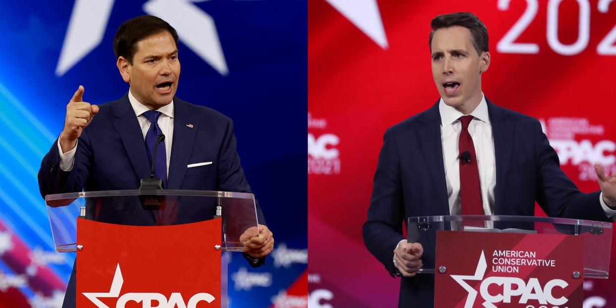 Republican Sens. Marco Rubio of Florida and Josh Hawley of Missouri, both seen here speaking at previous CPAC conferences, are not slated to attend this year.
