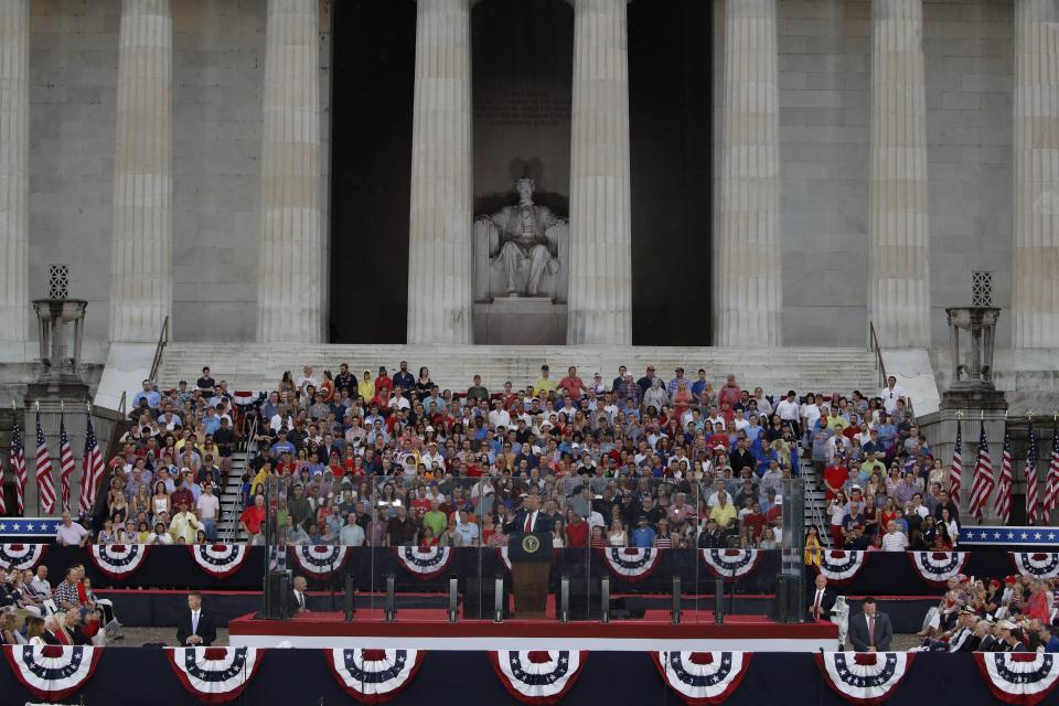 President Donald Trump speaks during an Independence Day celebration in front of the Lincoln Memorial, Thursday, July 4, 2019, in Washington. (AP Photo/Alex Brandon)