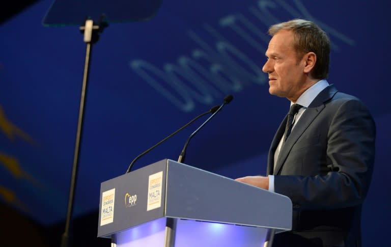 European Council chief Donald Tusk delivers a speech during the European People's Party congress (EPP) in Malta, on March 30, 2017