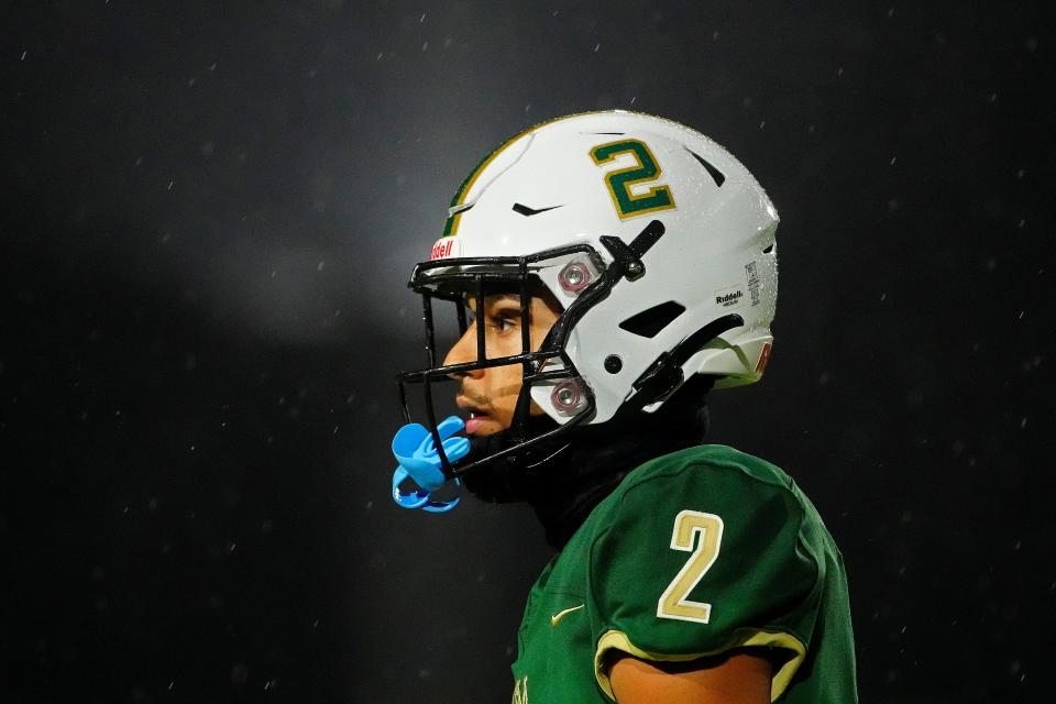 Basha wideout Bryson Dedmon (2) looks back at the sidelines against Chandler during the Open semifinal at Dobson High School in Chandler on Dec. 3, 2022.