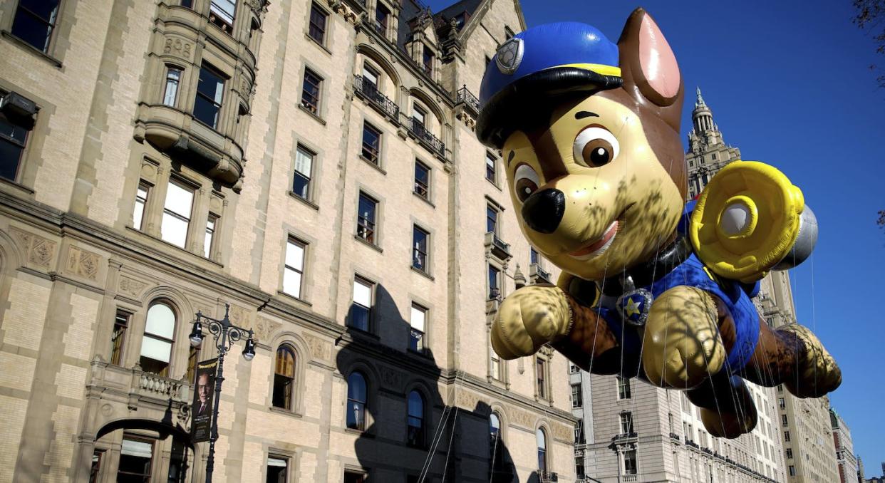 The 'Paw Patrol' balloon makes its way down Central Park West during the Macy's Thanksgiving Day Parade in New York, in November 2022. (AP Photo/Julia Nikhinson)