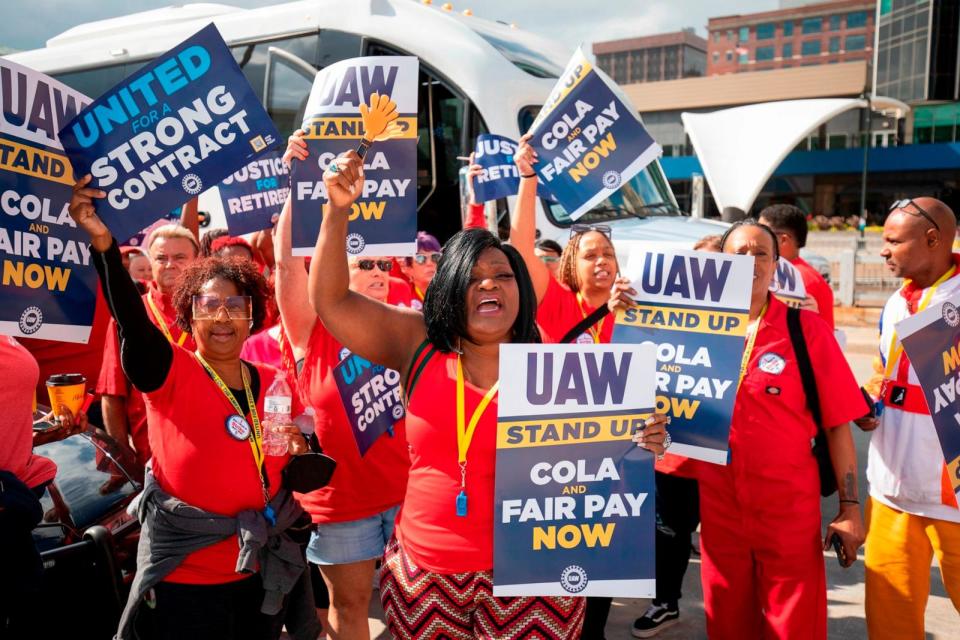PHOTO: United Auto Workers members attend a solidarity rally as the UAW strikes the Big Three auto makers in Detroit, MI, Sept. 15, 2023. (Bill Pugliano/Getty Images)