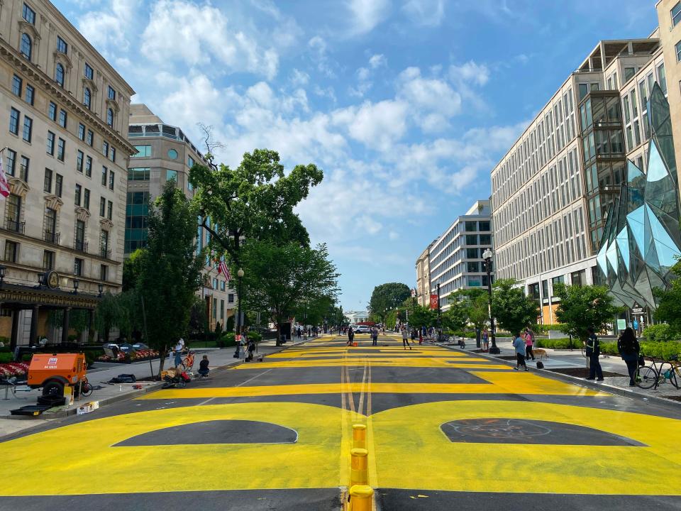 A giant Black Lives Matter mural is painted on 16th street near the White House in Washington, DC, on June 5, 2020.