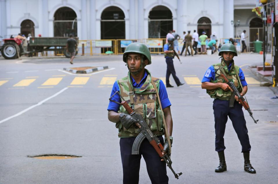 Sri Lankan soldiers guard a church in Colombo, the capital, on April 29, 2019.