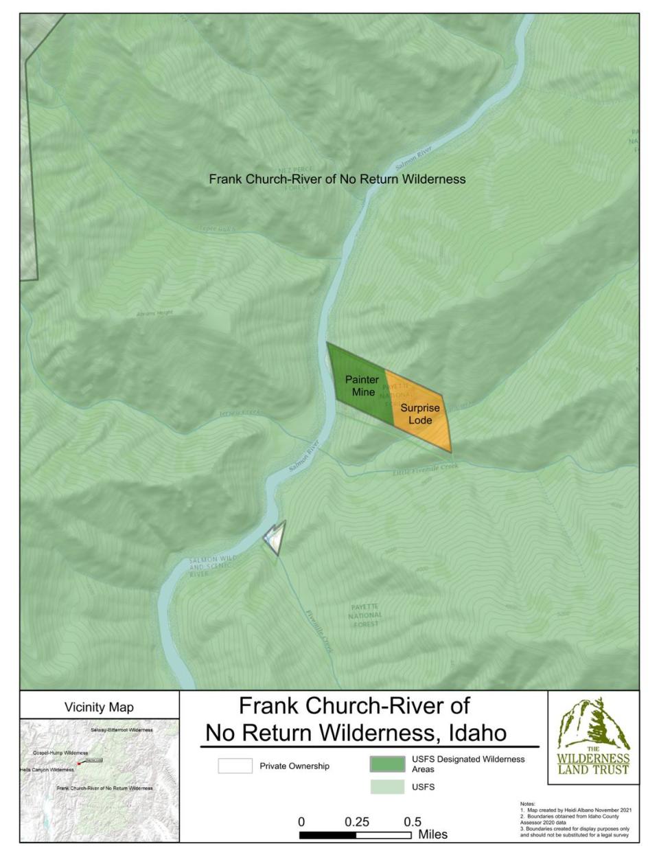 The Wilderness Land Trust, a non-profit that purchases private land in wilderness areas to convert to public use, announced Tuesday that it had transferred the 38-acre Surprise Lode property, which it purchased in 2021, to public ownership in the Frank Church River of No Return Wilderness. The property is 25 miles upriver from the Vinegar Creek launch. It also added the 37-acre Painter Mine property to the wilderness area in 2017, and it’s the 7th property protected by the Trust in Idaho.