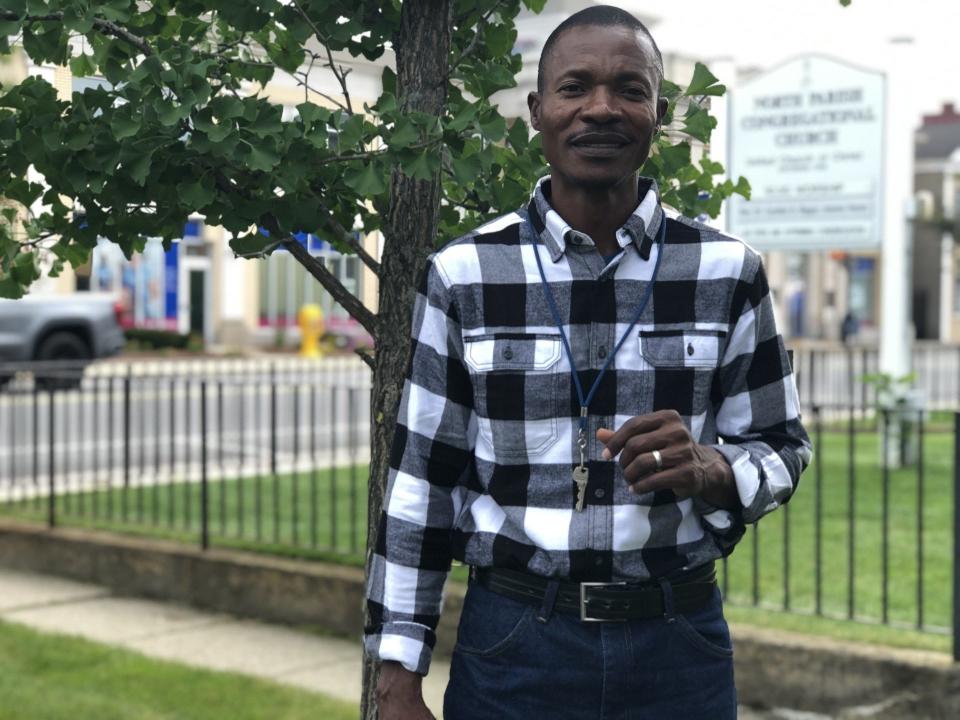 Abel Nimi, an asylum seeker from Angola, is seen here in his new hometown in Sanford, Maine, on Friday, Sept. 8, 2023.