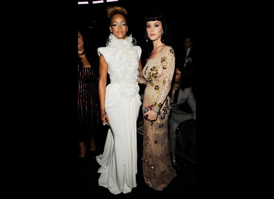 Singer Rihanna and Katy Perry in the audience during the 52nd Annual GRAMMY Awards held at Staples Center on January 31, 2010 in Los Angeles, California.