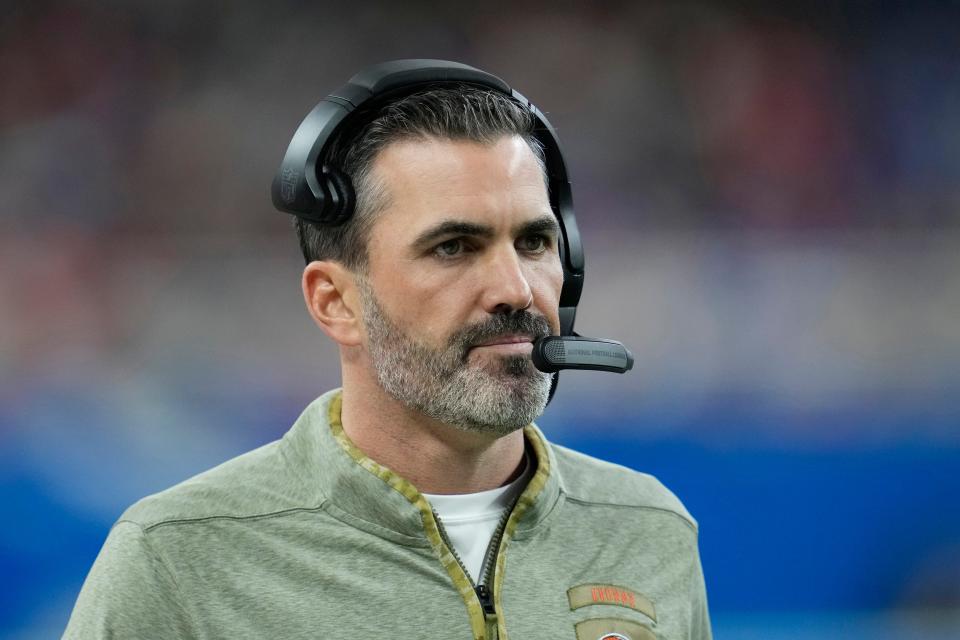 Cleveland Browns head coach Kevin Stefanski is seen during the first half of an NFL football game against the Buffalo Bills, Sunday, Nov. 20, 2022, in Detroit. (AP Photo/Paul Sancya)