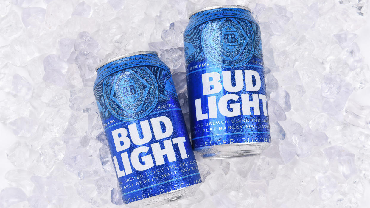 Anheuser Busch Bud Light cans on ice