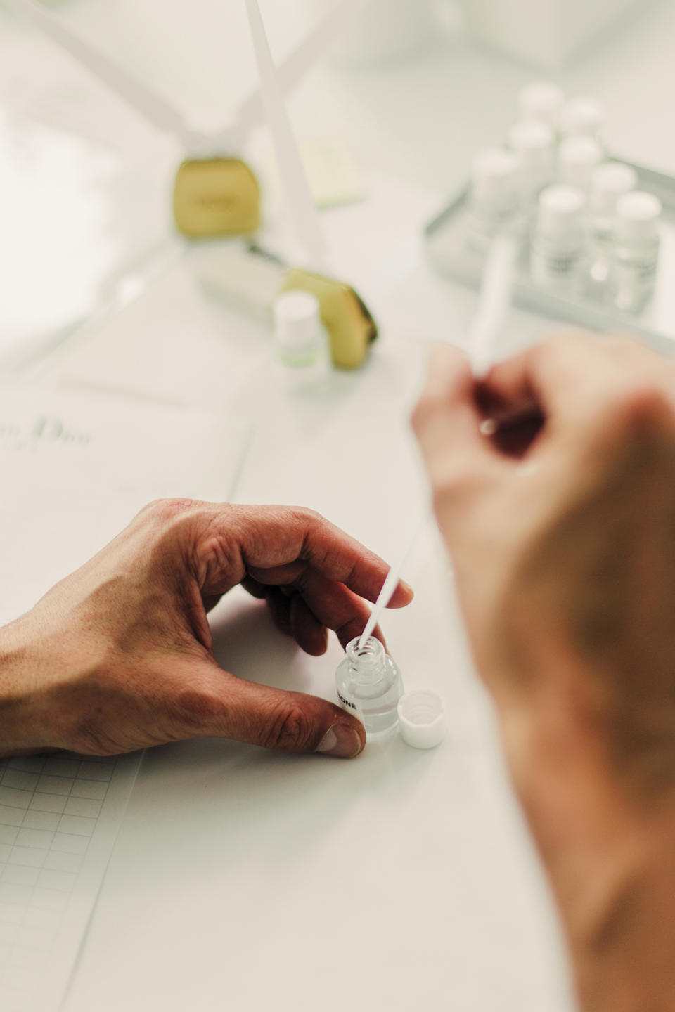 Kurkdjian rarely steps foot in the lab; instead, he tests fragrance compounds and writes out formulas at his desk. 