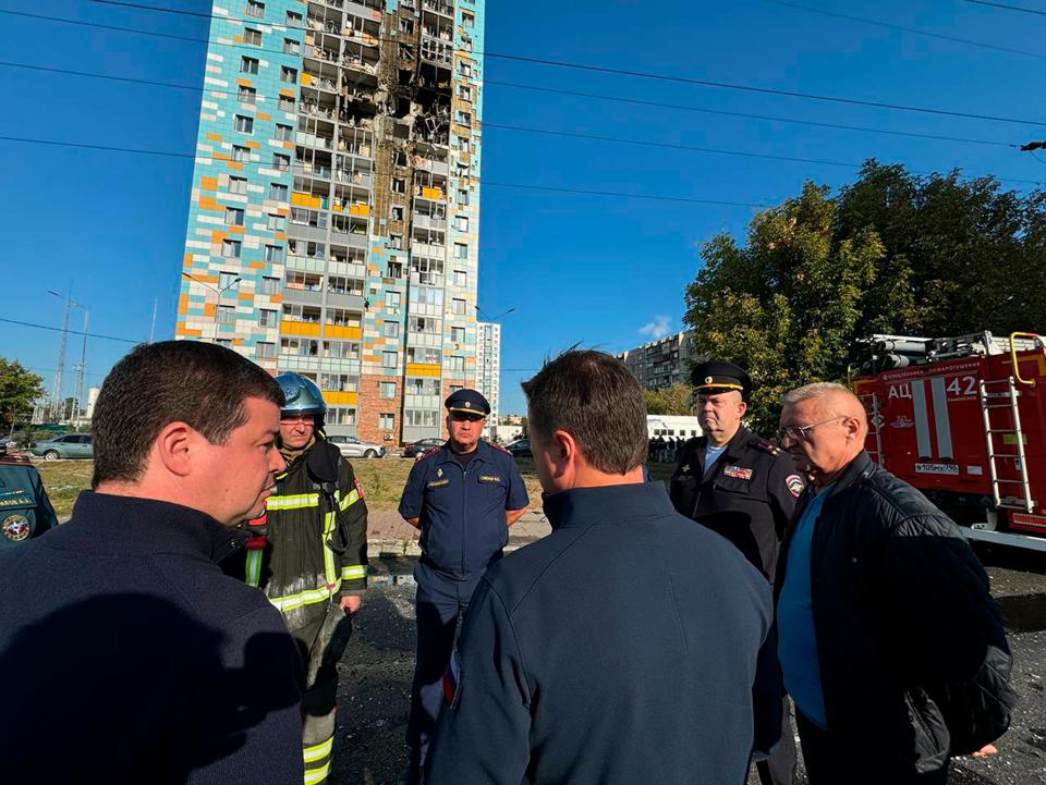 Site of the damaged multi-storey residential building following an alleged Ukrainian drone attack in Ramenskoye, outside Moscow (AP)