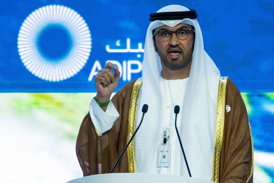 The president of the upcoming COP28 climate change summit, Sultan Ahmed al-Jaber, speaks during the Abu Dhabi International Petroleum Exhibition on Oct. 2, 2023.  / Credit: RYAN LIM/AFP via Getty Images