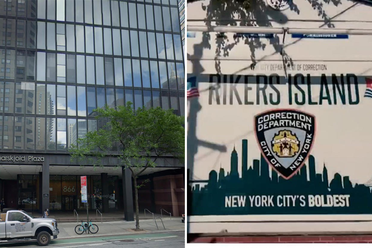 UN building at left; Rikers Island sign at right