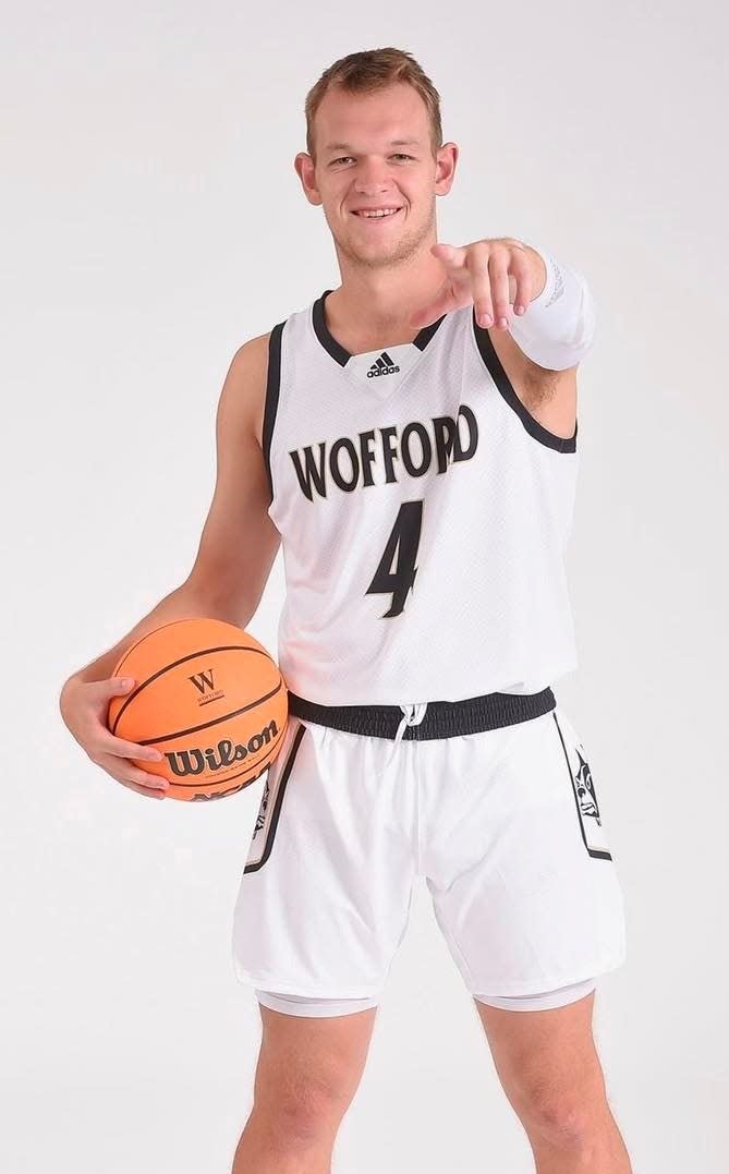 Exeter's Josh Morissette, seen here in a publicity photo for the Wofford University men's basketball team, will transfer and play for Saint Anselm College next year.