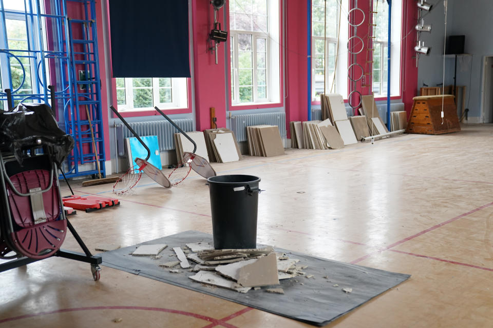 Damage inside Parks Primary School in Leicester which has been affected with sub standard reinforced autoclaved aerated concrete (Raac). More than 100 schools, nurseries and colleges in England have been told by the Government to close classrooms and other buildings that contain an aerated concrete that is prone to collapse. Picture date: Friday September 1, 2023. (Photo by Jacob King/PA Images via Getty Images)